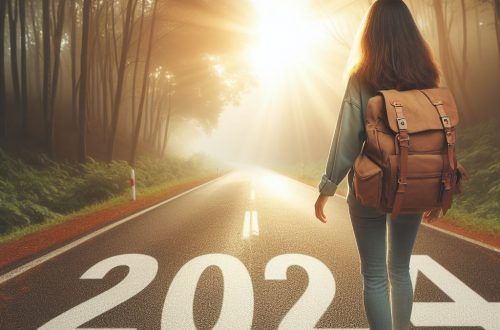 Chica joven caminando por la nueva senda del 2024, con el horizonte despejado y mirando al sol