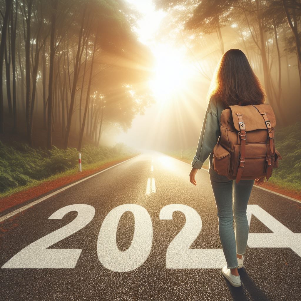 Chica joven caminando por la nueva senda del 2024, con el horizonte despejado y mirando al sol