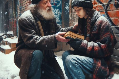 Por Navidad: únete al Jolábokáflód, inunda tu entorno de libros. Imagen mostrando un anciano indigente regalando un libro a una niña
