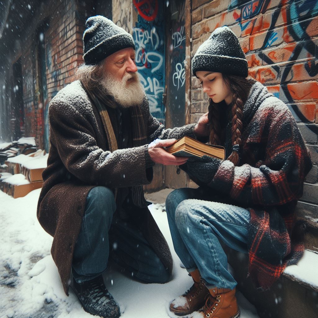 Por Navidad: únete al Jolábokáflód, inunda tu entorno de libros. Imagen mostrando un anciano indigente regalando un libro a una niña