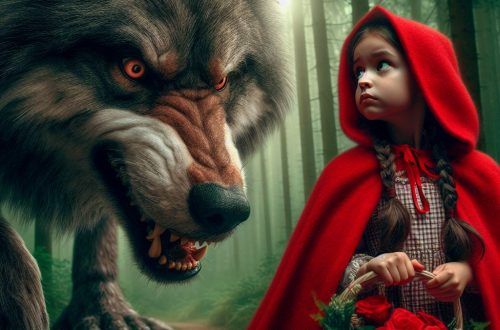 Niña con capa roja mirando con temor un enorme lobo feroz