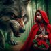 Niña con capa roja mirando con temor un enorme lobo feroz