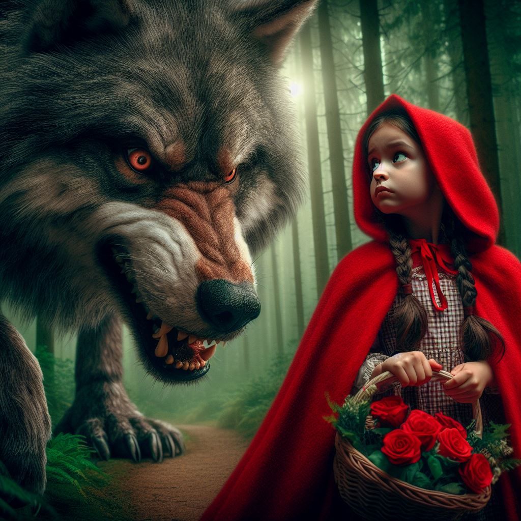 Niña con capa roja mirando con temor un enorme lobo feroz