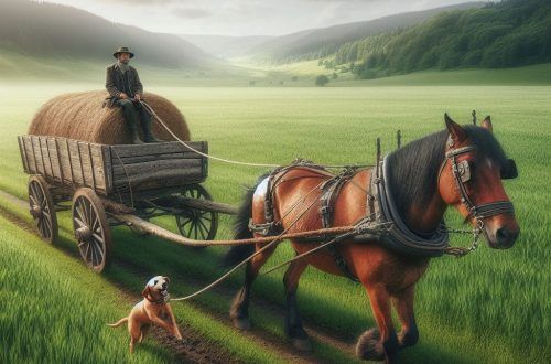 Perro atado a una carreta tirada por un caballo