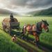 Perro atado a una carreta tirada por un caballo
