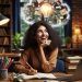Chica escribiendo, sonriente, con la cabeza rebosante de ideas