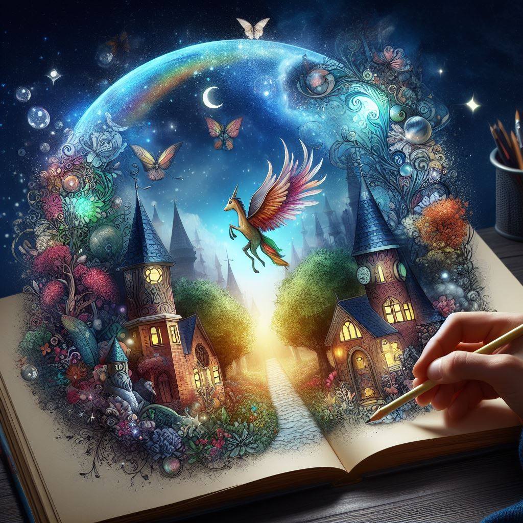 Mano dibujando sobre un cuaderno un paisaje maravilloso y fantástico: el cuento de nuestra vida
