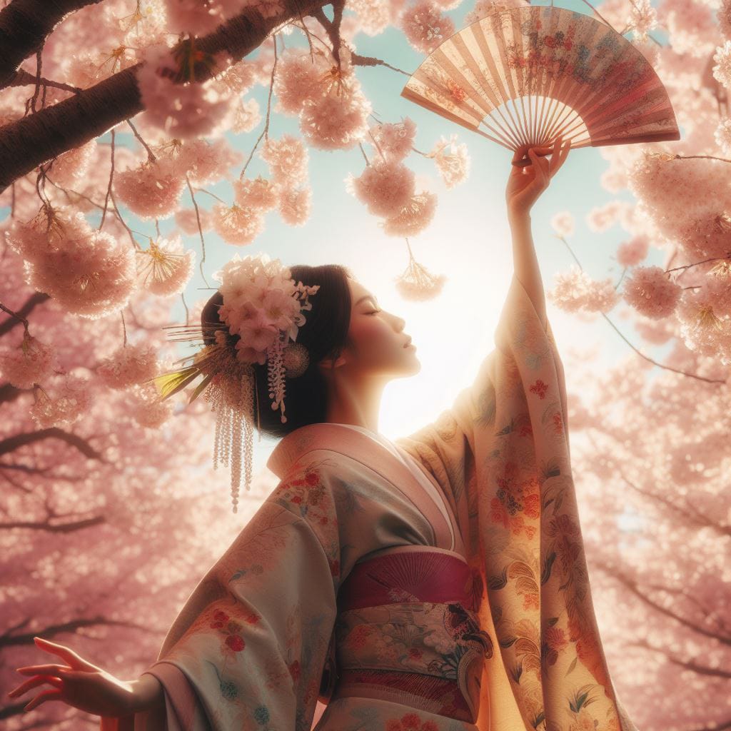 Mujer japonesa con kimono debajo de un cerezo en flor. Nankurunaisa: todo va a ir bien