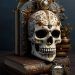 Calavera reposando sobre un libro al lado de un reloj: metáfora del memento mori