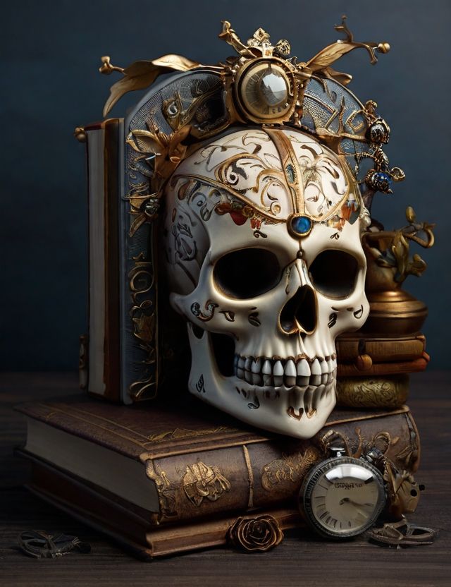 Calavera reposando sobre un libro al lado de un reloj: metáfora del memento mori