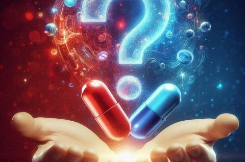 Mano abierta mostrando una pastilla roja y otra azul, junto con un gran punto de interrogación
