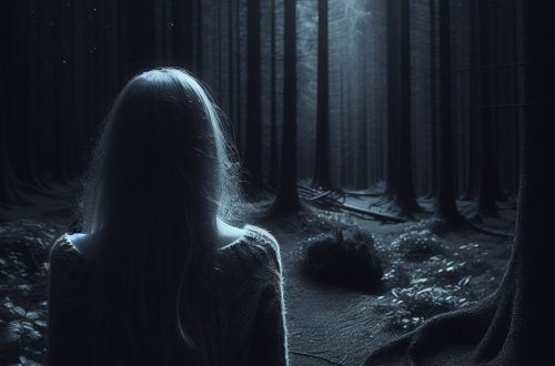 Chica sola perdida en un bosque oscuro por la noche