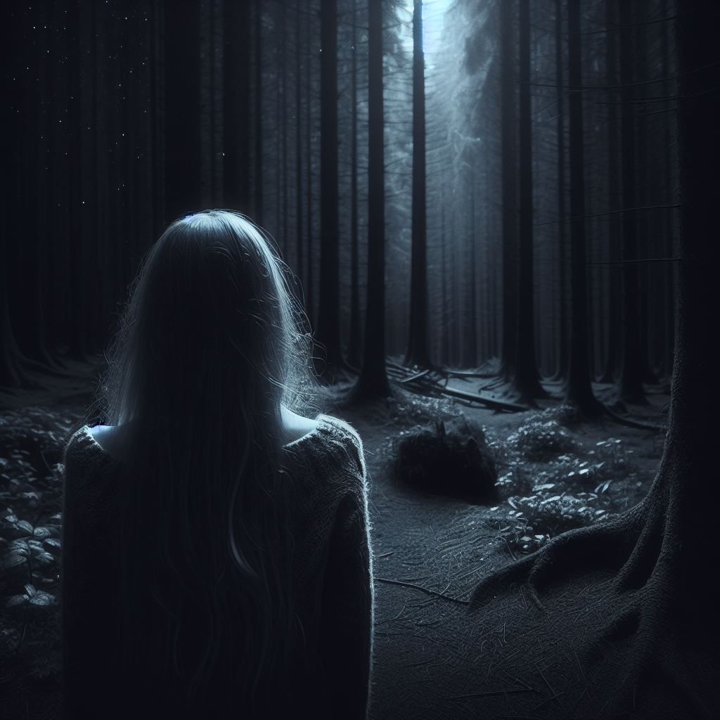 Chica sola perdida en un bosque oscuro por la noche