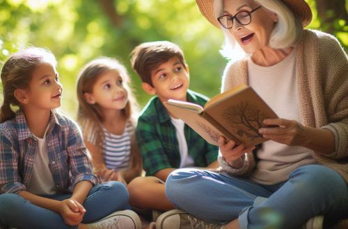 Mujer mayor sentada en la naturaleza con un libro en la mano contando una historia a unos niños
