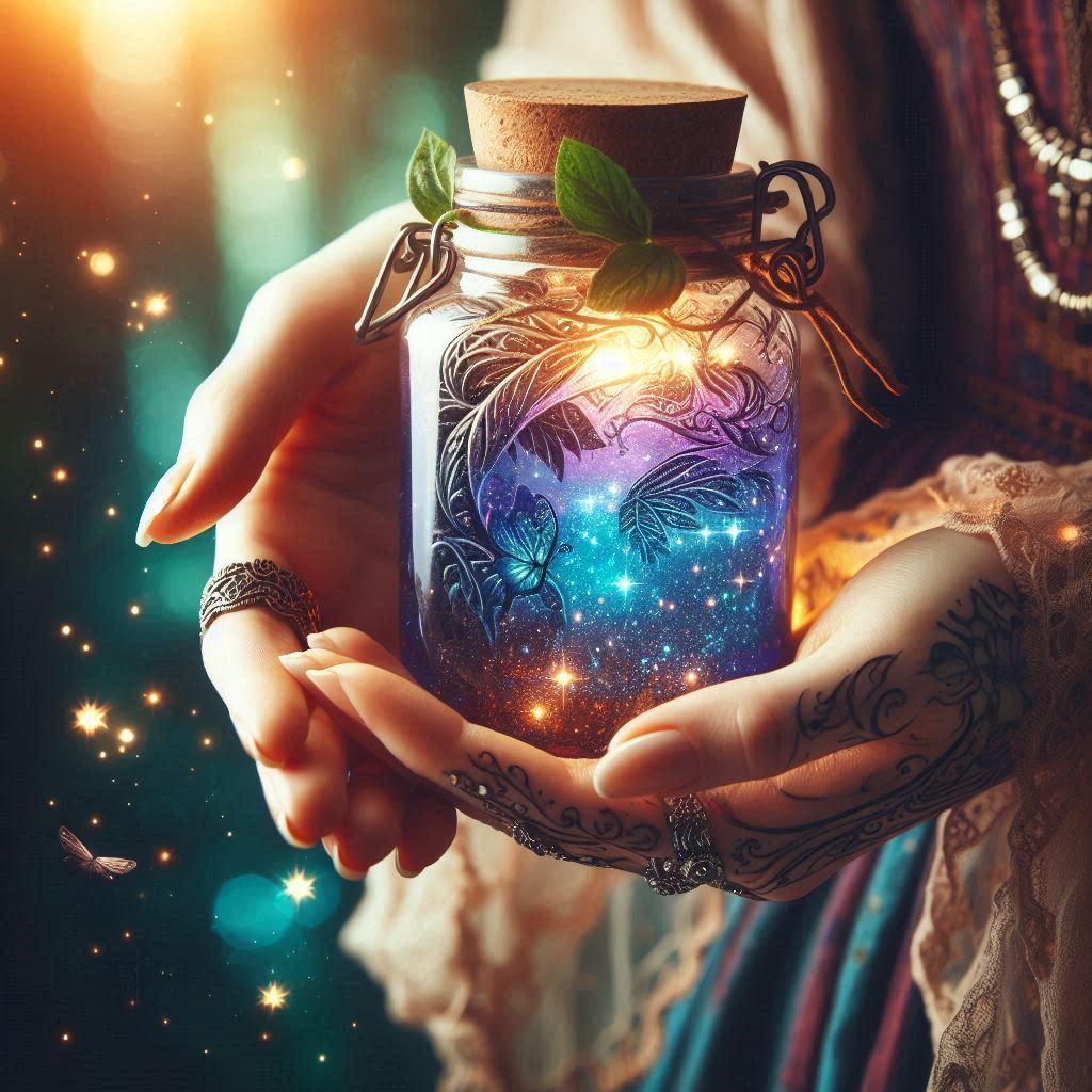 Manos femeninas sosteniendo un frasco con un elixir