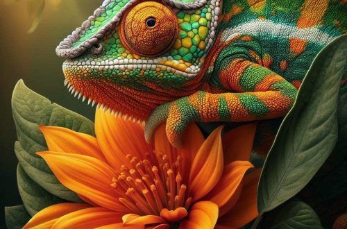 Camaleón posado sobre un arbusto de flores naranjas