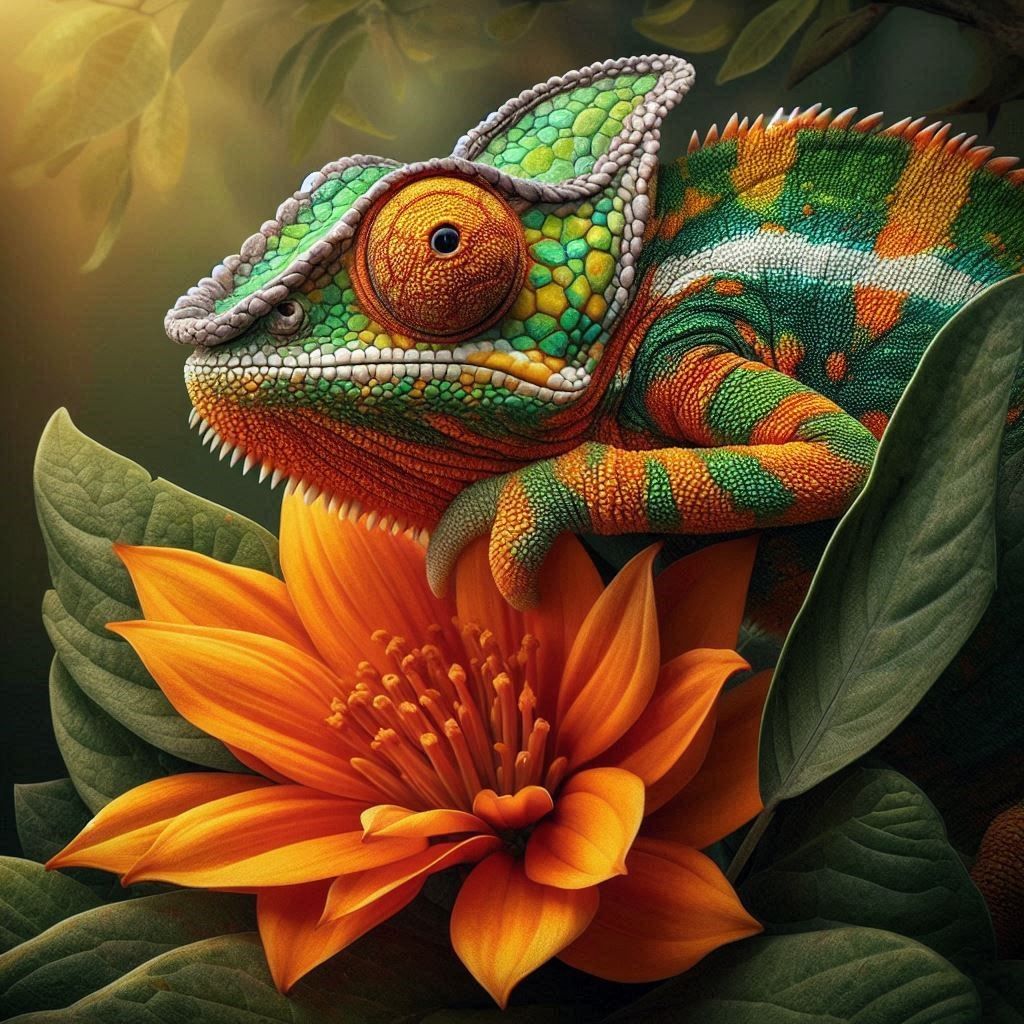 Camaleón posado sobre un arbusto de flores naranjas