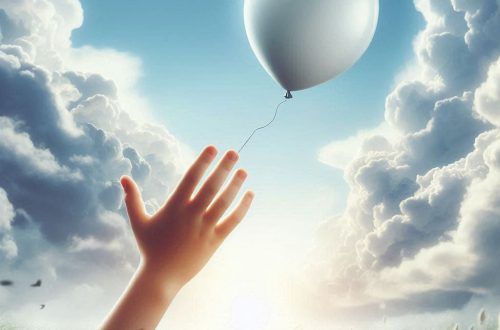 Mano infantil abierta, soltando un globo blanco que se eleva en el cielo. Aprender a soltar para avanzar