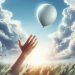 Mano infantil abierta, soltando un globo blanco que se eleva en el cielo. Aprender a soltar para avanzar