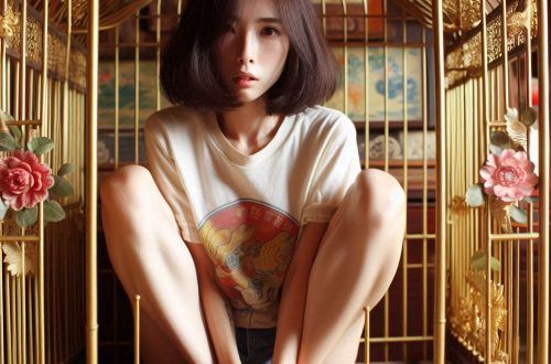 Chica de pelo corto oscuro, sentada dentro de una jaula de oro con la puerta abierta